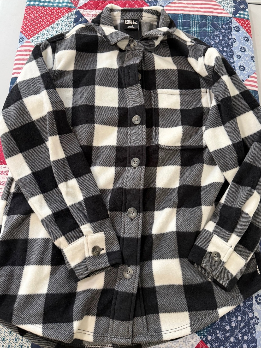 Eddie Bauer Black and White Buffalo Plaid Fleece Jacket